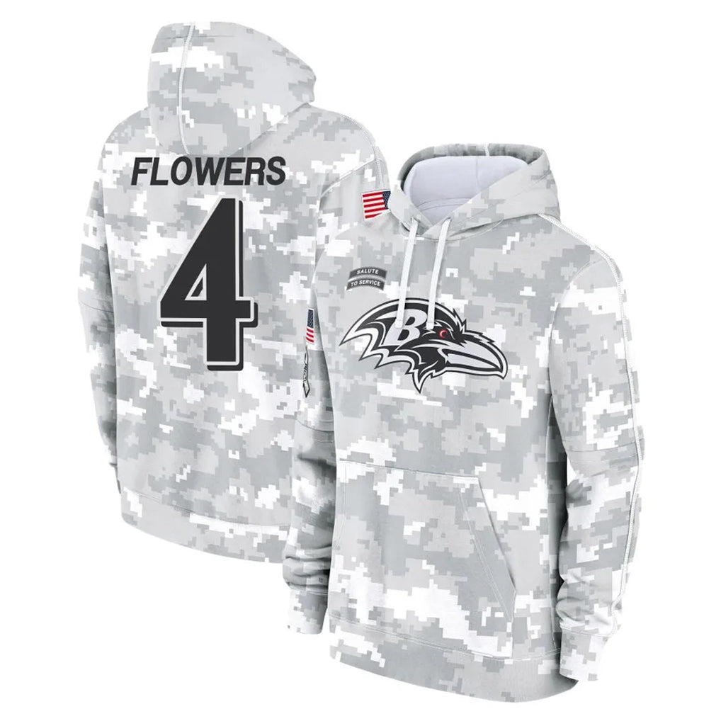 Pouc B.Ravens #4 Zay Flowers Player Arctic Camo Salute to Service Pullover Hoodie Stitched Jerseys