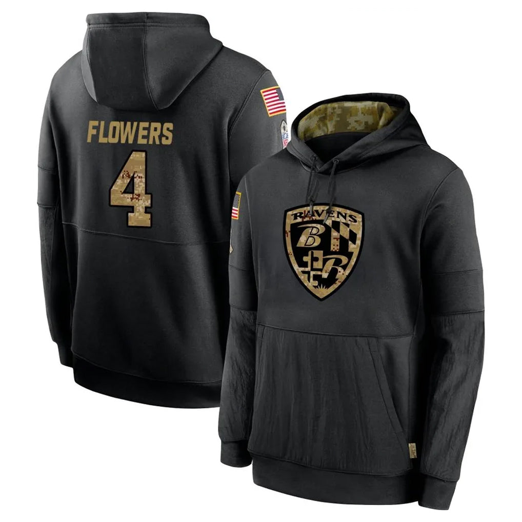 Pouc B.Ravens #4 Zay Flowers Player Black Salute to Service Pullover Hoodie Stitched Jerseys