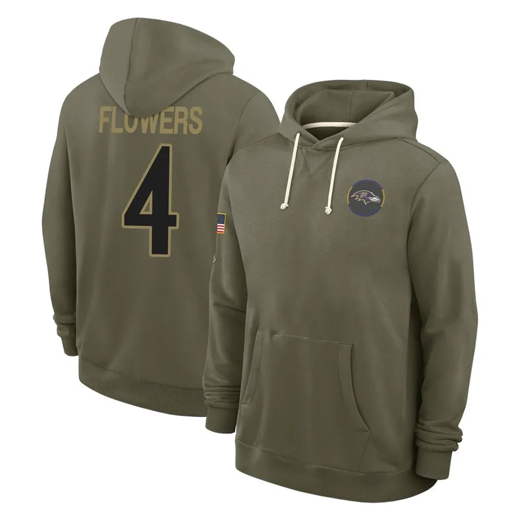 Pouc B.Ravens #4 Zay Flowers Player Olive Salute to Service Hoodie Stitched Jerseys