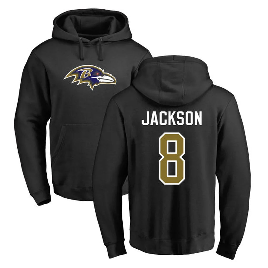Pouc B.Ravens #8 Lamar Jackson Player Black Pullover Hoodie Stitched Jerseys