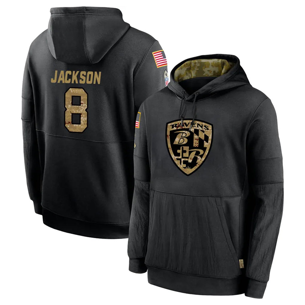 Pouc B.Ravens #8 Lamar Jackson Player Black Salute to Service Pullover Hoodie Stitched Jerseys