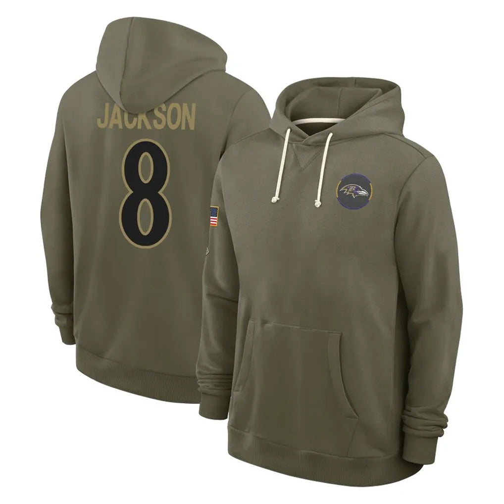 Pouc B.Ravens #8 Lamar Jackson Player Olive Salute to Service Hoodie Stitched Jerseys