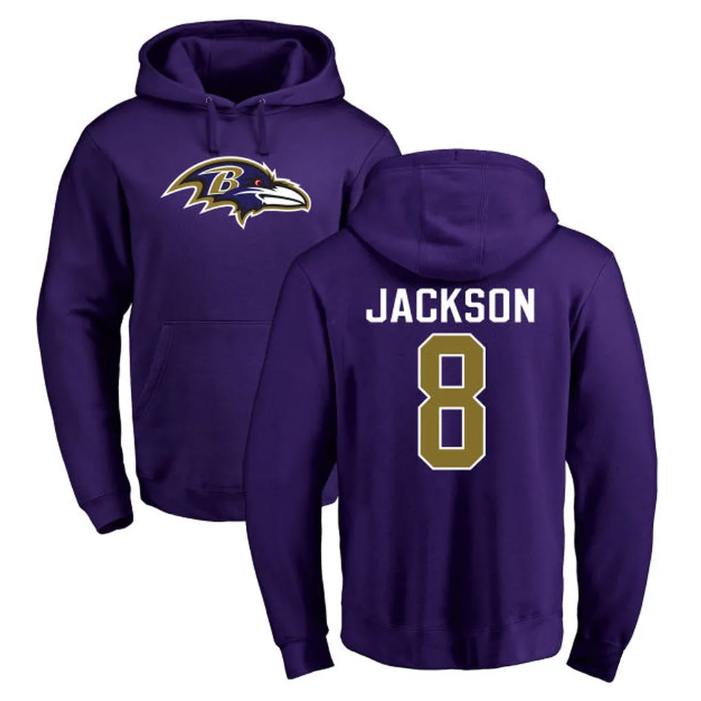 Pouc B.Ravens #8 Lamar Jackson Player Purple Salute to Service Pullover Hoodie Stitched Jerseys