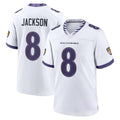 Pouc B.Ravens #8 Lamar Jackson Player White Home Game Stitched Jerseys