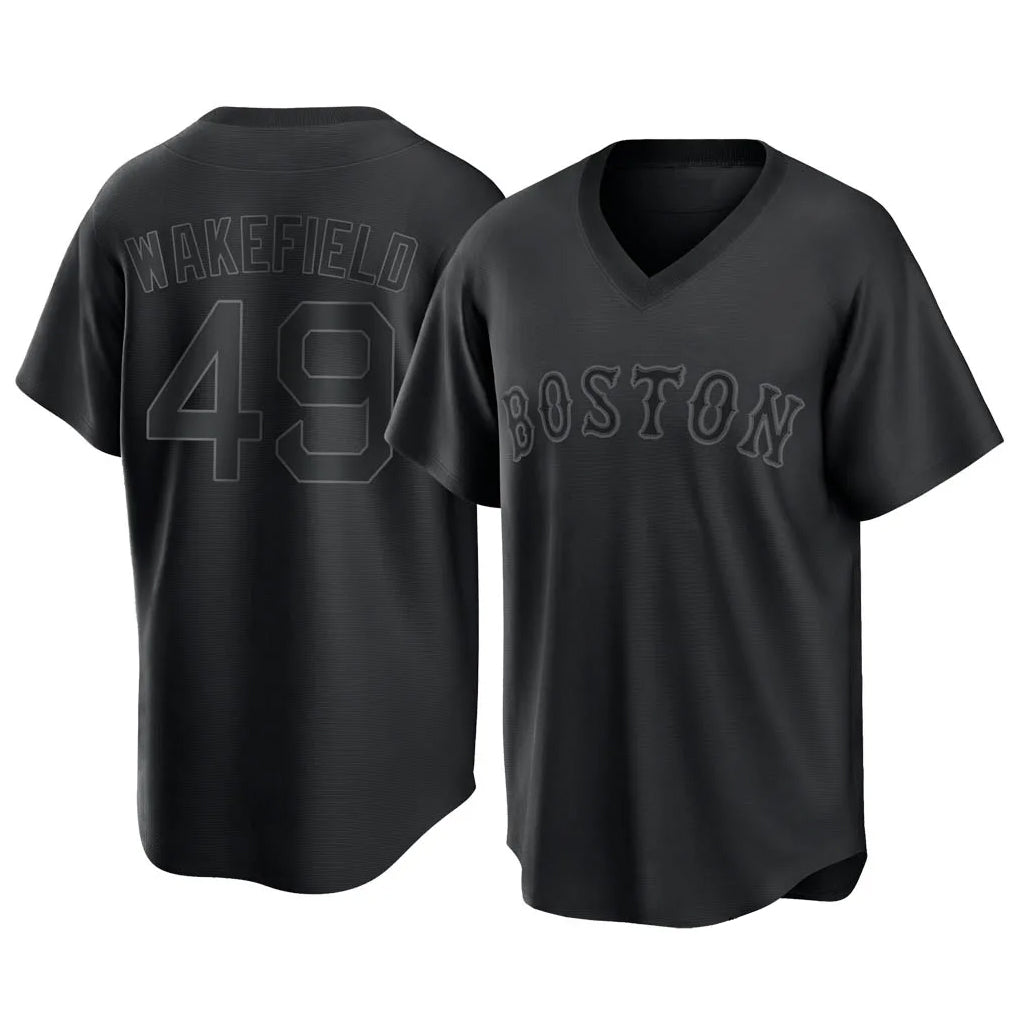 Pouc B.Red Sox #49 Tim Wakefield Player Black T-shirt Home Game Stitched Jerseys