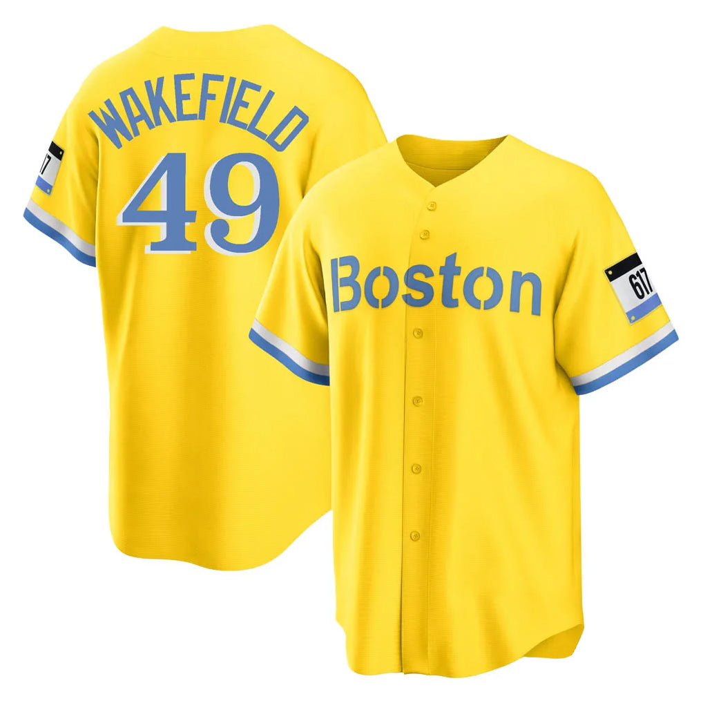 Pouc B.Red Sox #49 Tim Wakefield Player Yellow Home Game Stitched Jerseys