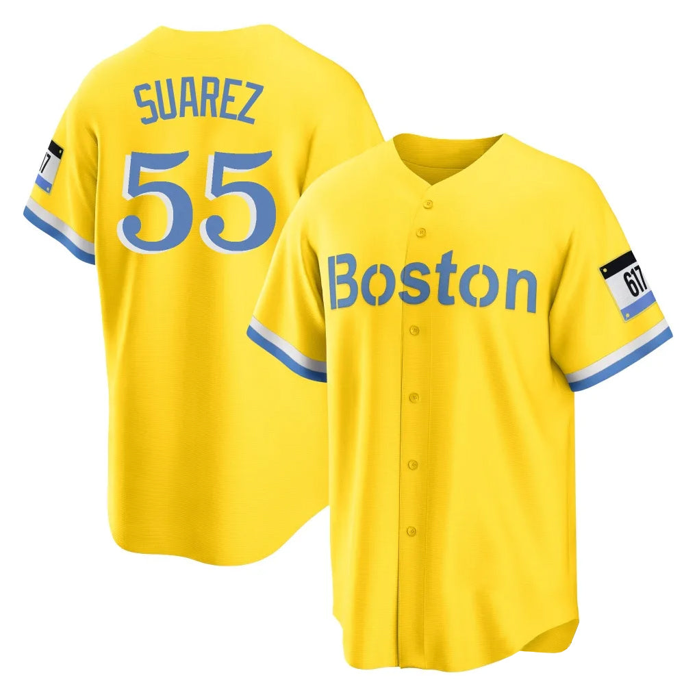 Pouc B.Red Sox #55 Ranger Su¡§¡érez Player Yellow Home Game Stitched Jerseys