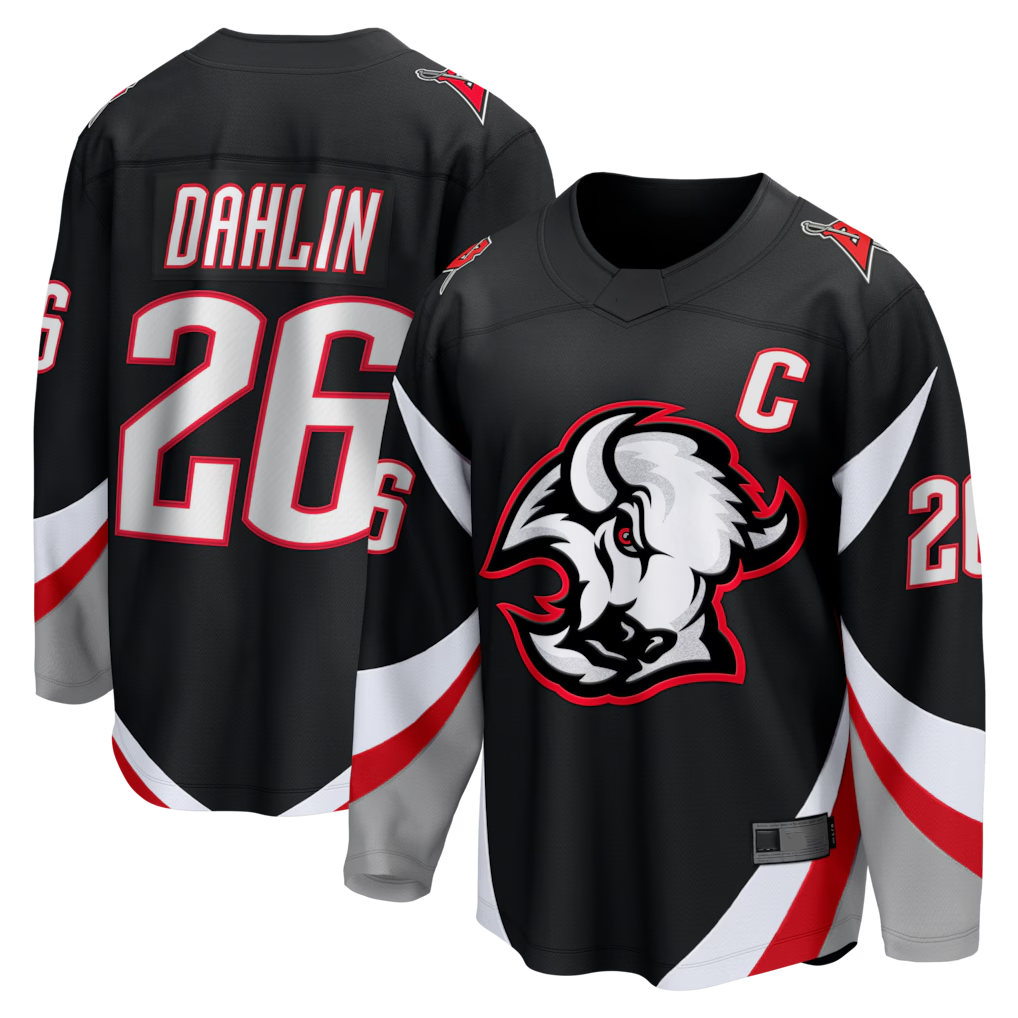Pouc B.Sabres #26 Rasmus Dahlin Black Alternate Captain Patch Breakaway Stitched Jerseys