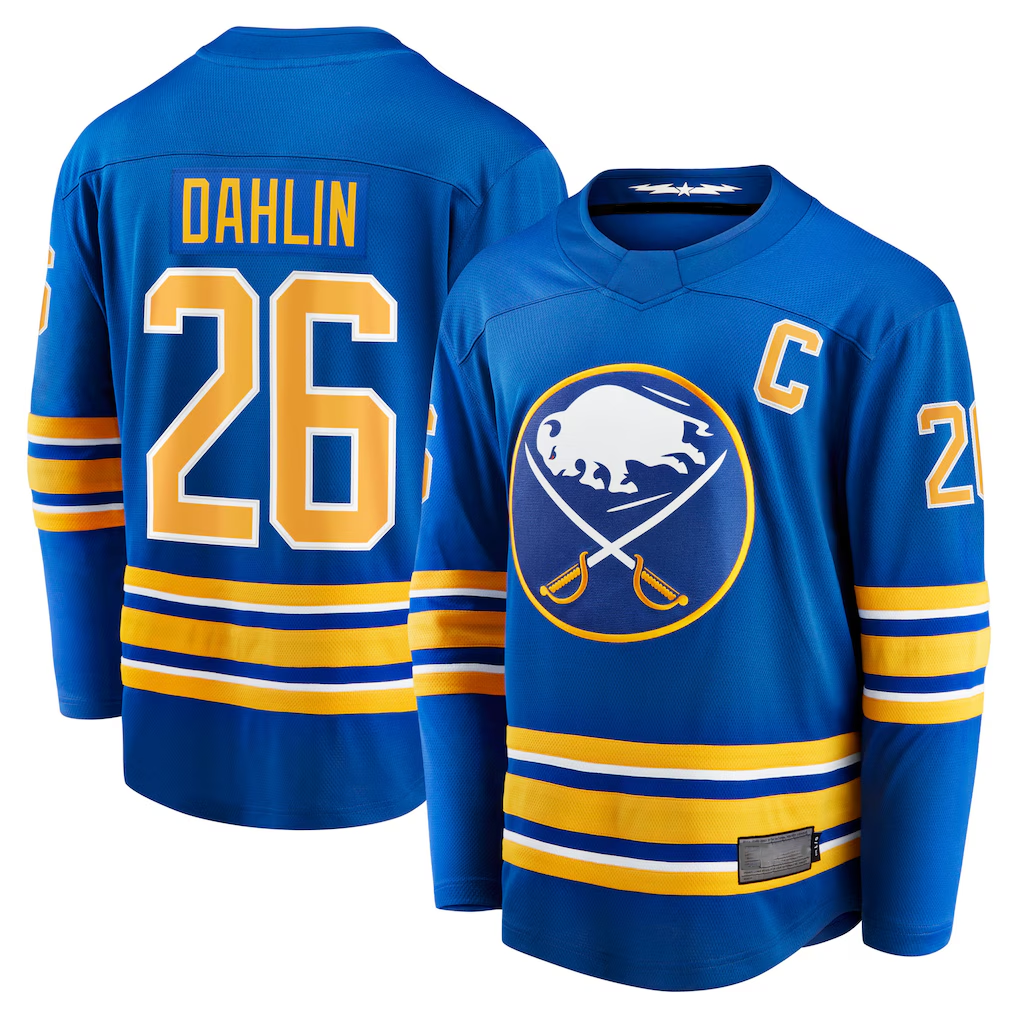 Pouc B.Sabres #26 Rasmus Dahlin Royal Home Captain Patch Breakaway Stitched Jerseys