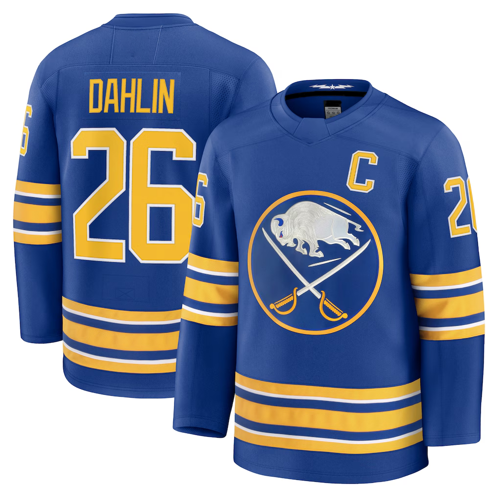 Pouc B.Sabres #26 Rasmus Dahlin Royal Premium with Captain's Patch Stitched Jerseys