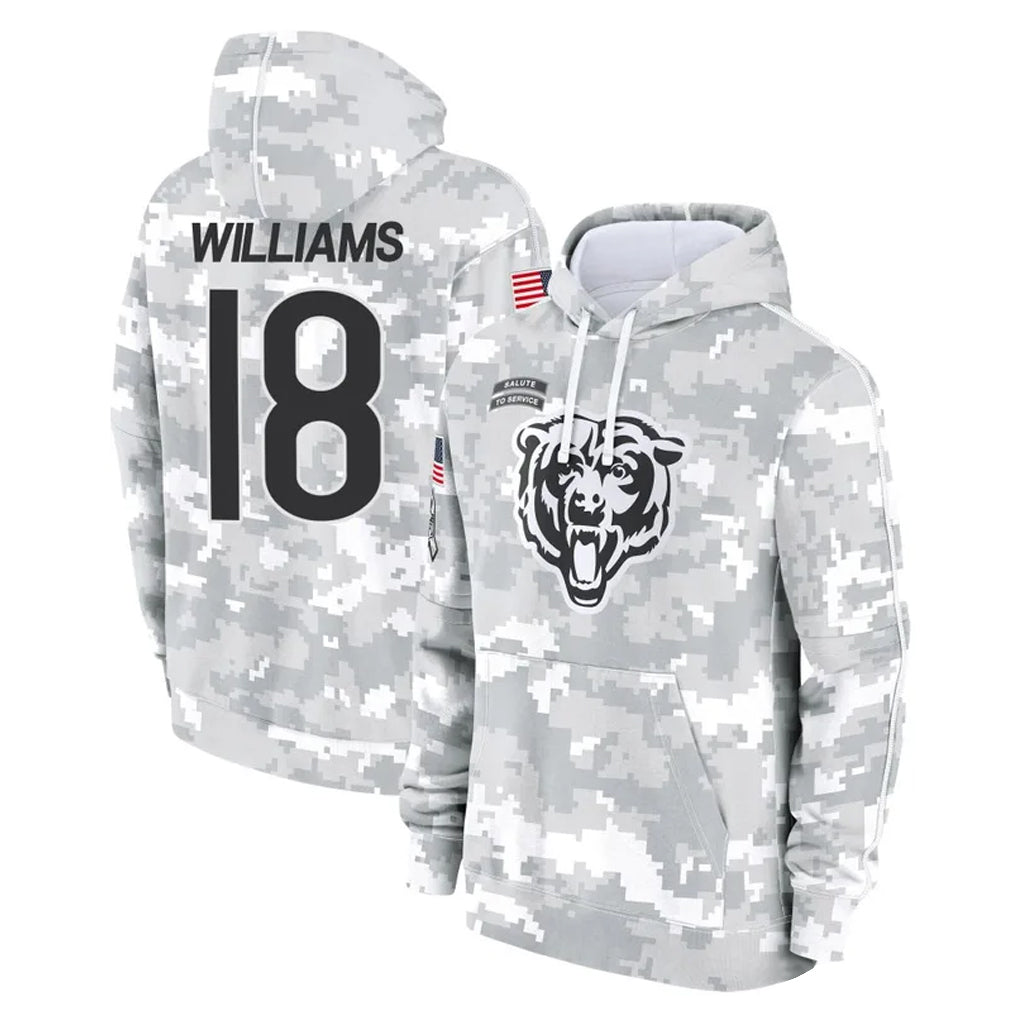 Pouc C.Bears #18 Caleb Williams Player Arctic Camo Salute to Service Pullover Hoodies Limited Stitched Jerseys