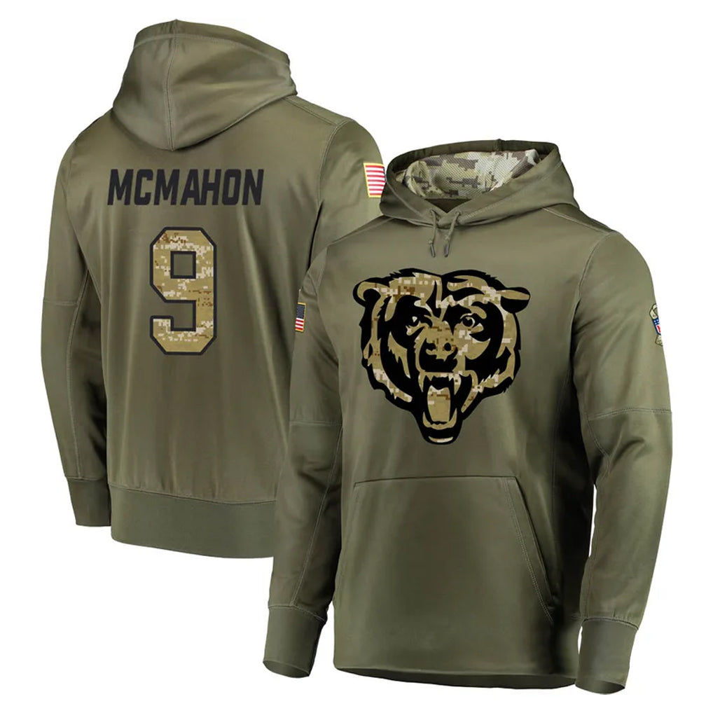 Pouc C.Bears #9 Jim McMahon Player Olive Salute to Service Pullover Hoodies Home Game Stitched Jerseys