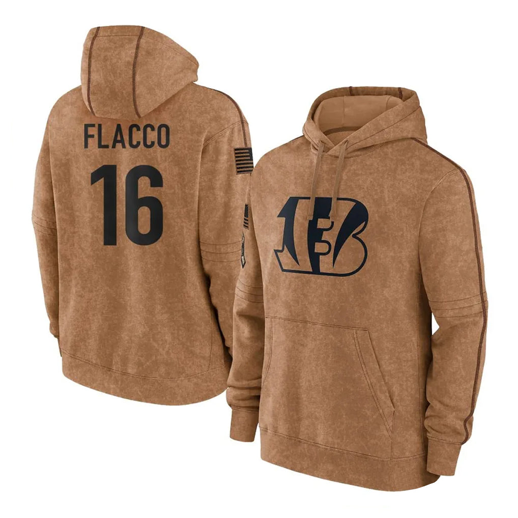 Pouc C.Bengals #16 Joe Flacco Player Brown Salute to Service Pullover Hoodie Limited Stitched Jerseys
