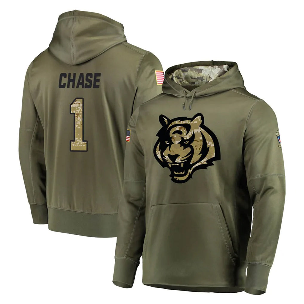 Pouc C.Bengals #1 Ja'Marr Chase Player Olive Salute to Service Pullover Hoodies Home Game Stitched Jerseys