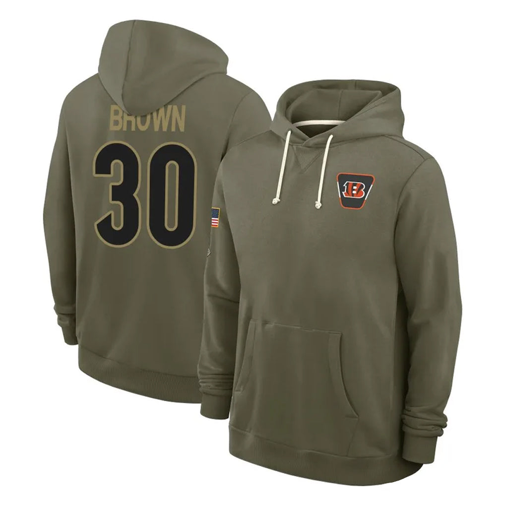 Pouc C.Bengals #30 Chase Brown Player Olive Salute to Service Pullover Hoodies Limited Stitched Jerseys