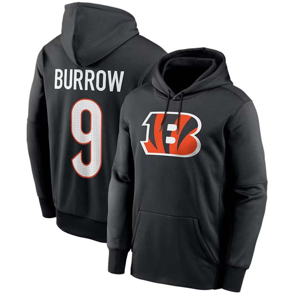 Pouc C.Bengals #9 Joe Burrow Player Black Salute to Service Pullover Hoodies Game Stitched Jerseys