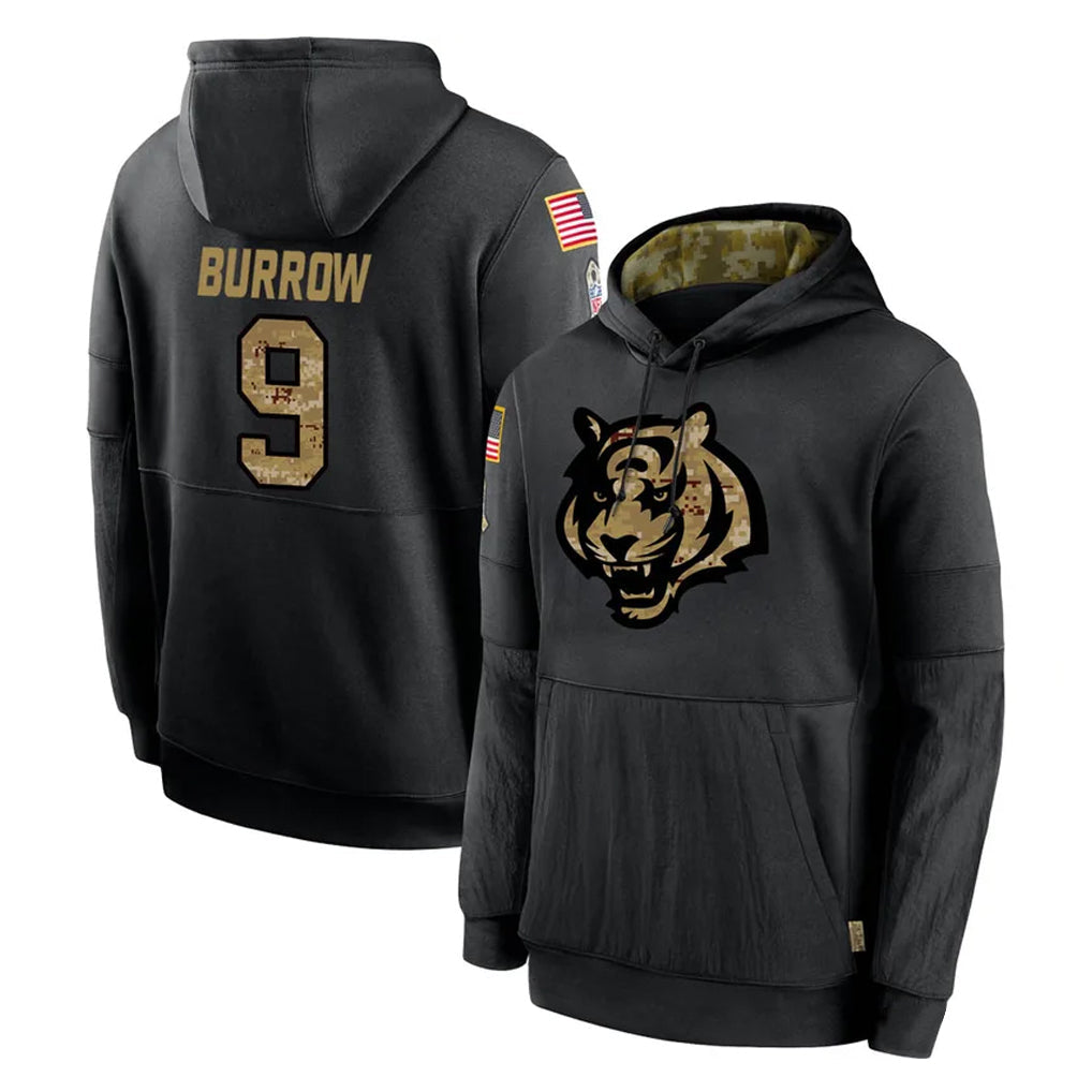 Pouc C.Bengals #9 Joe Burrow Player Black Salute to Service Pullover Hoodies Limited Stitched Jerseys