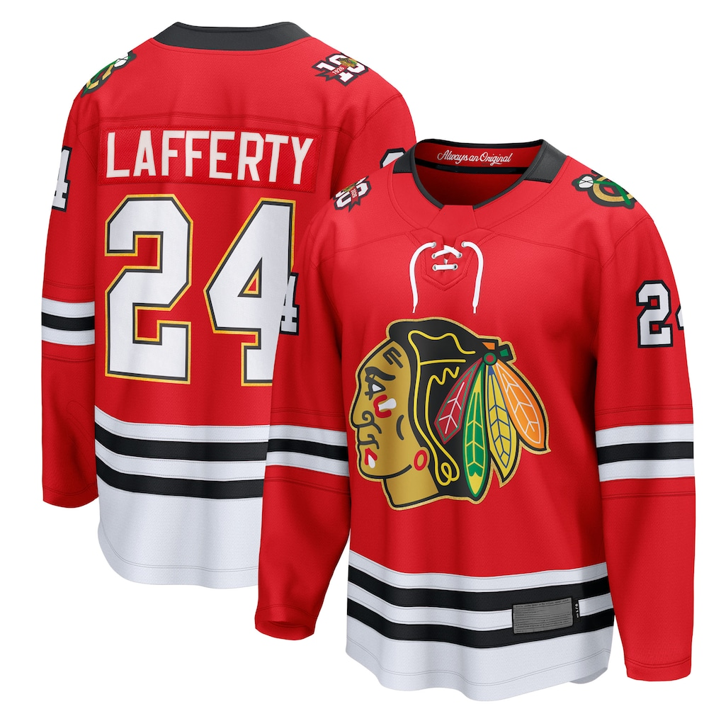 Pouc C.Blackhawks #24 Sam Lafferty Red Centennial Breakaway Player Jerseys