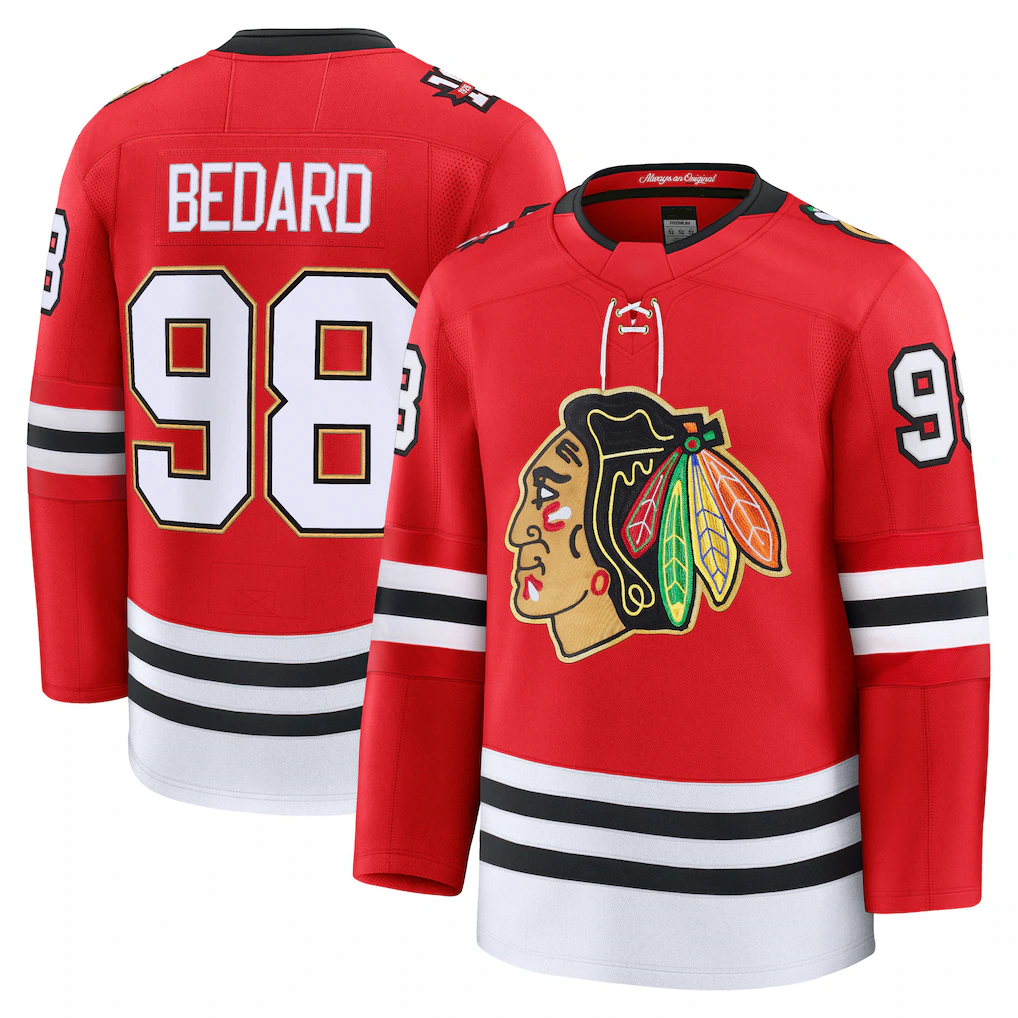 Pouc C.Blackhawks #98 Connor Bedard Red Centennial Premium Player Jerseys