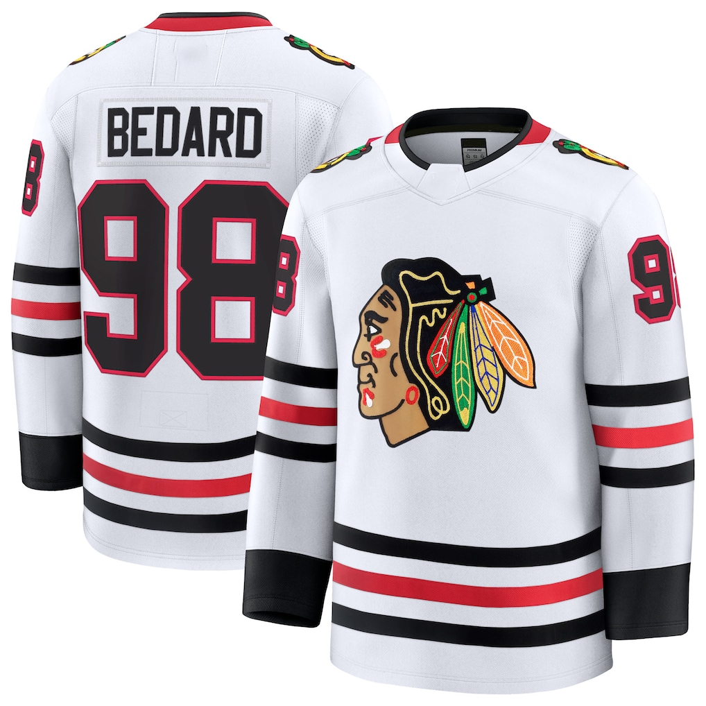 Pouc C.Blackhawks #98 Connor Bedard White Away Premium Jerseys