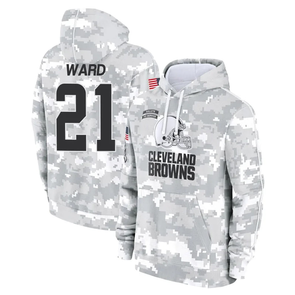 Pouc C.Browns #21 Denzel Ward Player Arctic Camo Salute to Service Hoodies Limited Game Stitched Jerseys