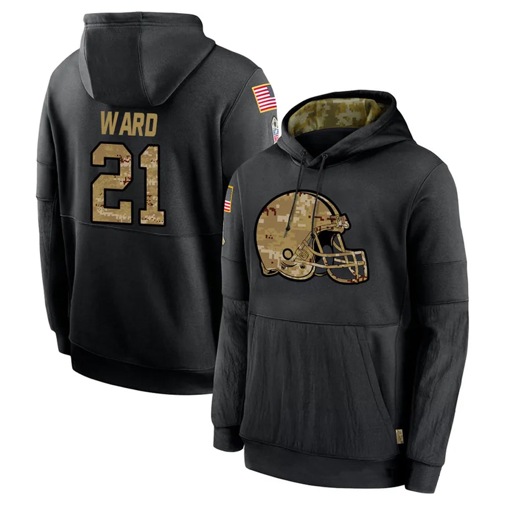 Pouc C.Browns #21 Denzel Ward Player Black Salute to Service Pullover Hoodies Limited Stitched Jerseys