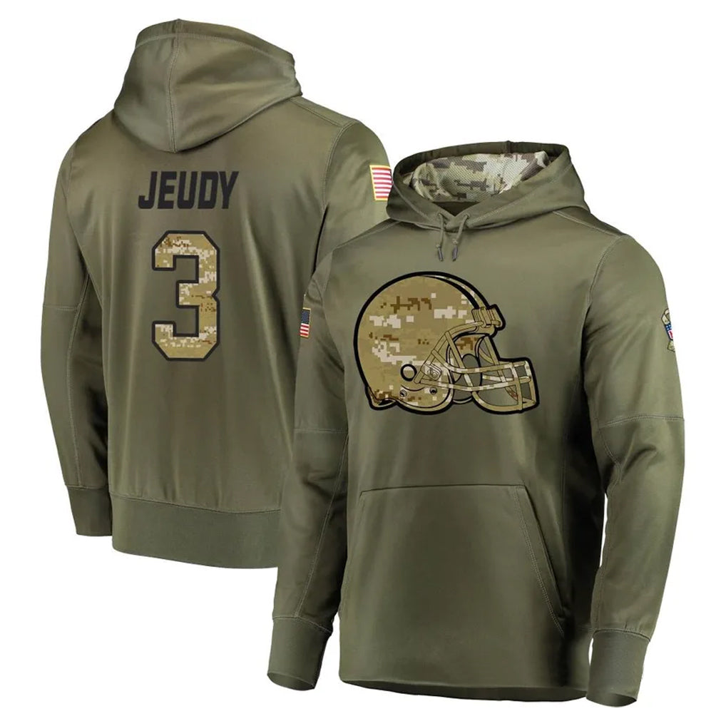 Pouc C.Browns #3 Jerry Jeudy Player Olive Salute to Service Pullover Hoodies Home Game Stitched Jerseys