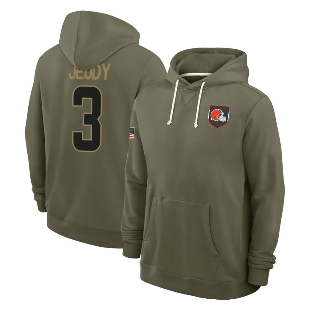 Pouc C.Browns #3 Jerry Jeudy Player Olive Salute to Service Pullover Hoodies Limited Stitched Jerseys