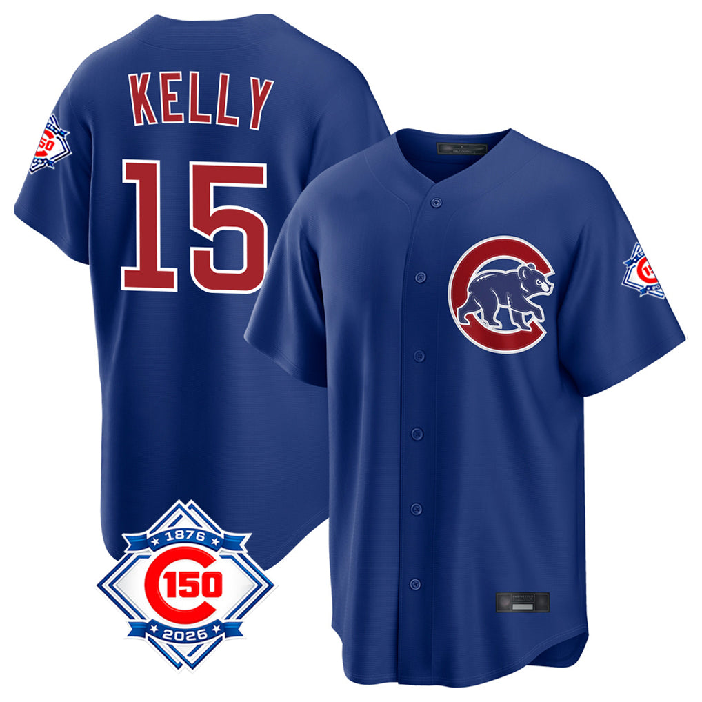 Pouc C.Cubs #15 Carson Kelly Player Royal 150th Anniversary Home Game Stitched Jerseys