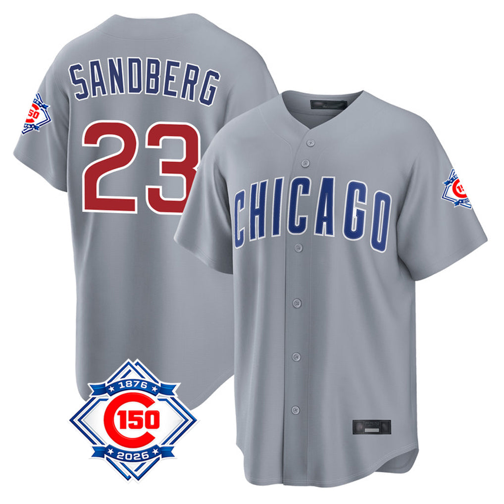 Pouc C.Cubs #23 Ryne Sandberg Player Gray 150th Anniversary Home Game Stitched Jerseys