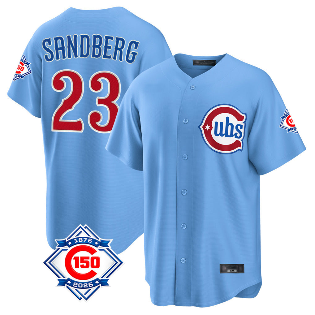 Pouc C.Cubs #23 Ryne Sandberg Player Light Blue 150th Anniversary Home Game Stitched Jerseys
