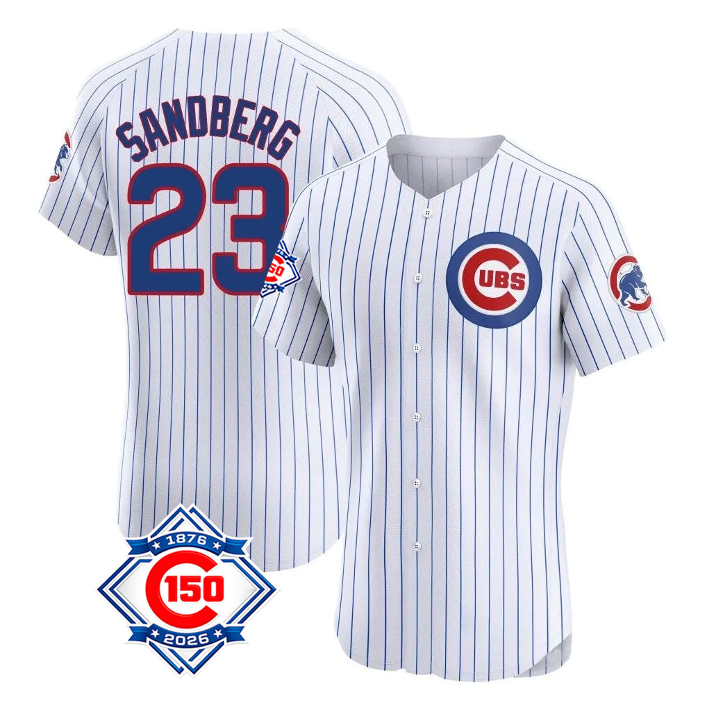 Pouc C.Cubs #23 Ryne Sandberg Player White 150th Anniversary Limited Elite Home Game Stitched Jerseys