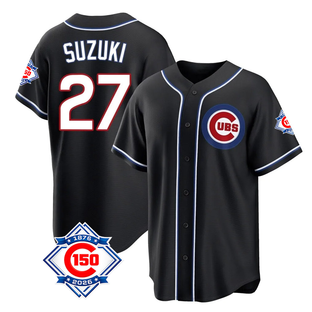 Pouc C.Cubs #27 Seiya Suzuki Player Black Fashion Out 150th Anniversary Game Stitched Jerseys