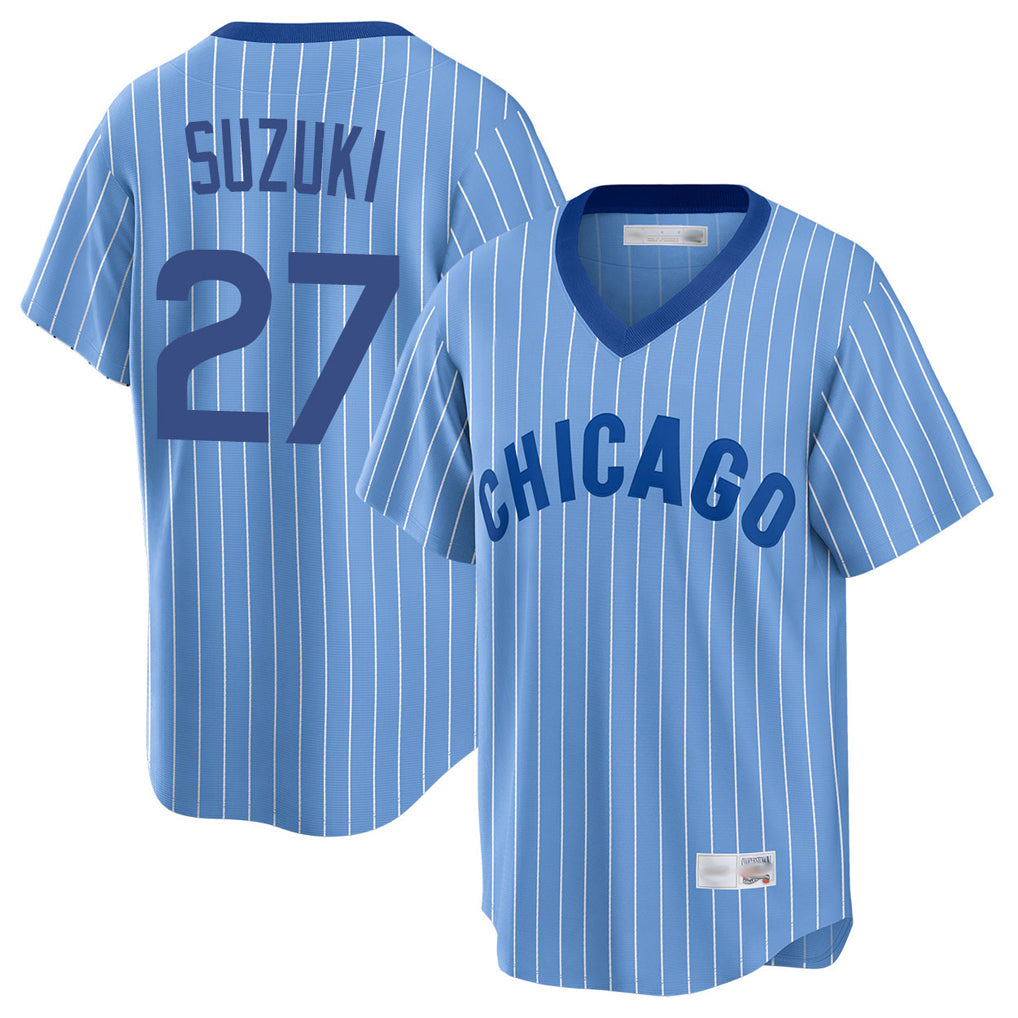 Pouc C.Cubs #27 Seiya Suzuki Player Blue T-shirt Cooperstown Collection Limited Stitched Jerseys