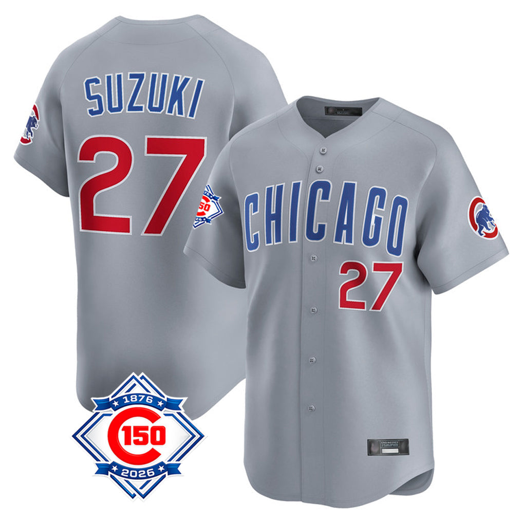 Pouc C.Cubs #27 Seiya Suzuki Player Gray Road 150th Anniversary Limited Home Stitched Jerseys