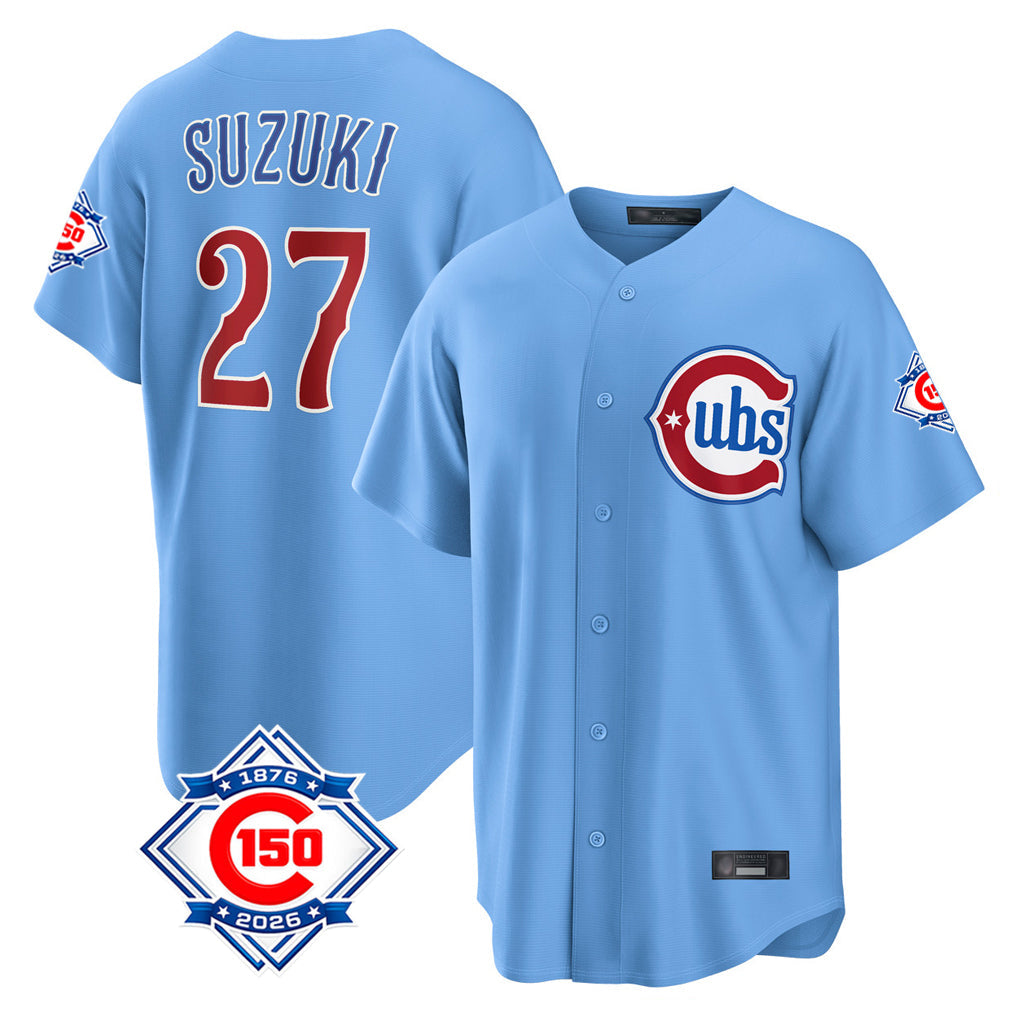 Pouc C.Cubs #27 Seiya Suzuki Player Light Blue 150th Anniversary Home Game Stitched Jerseys