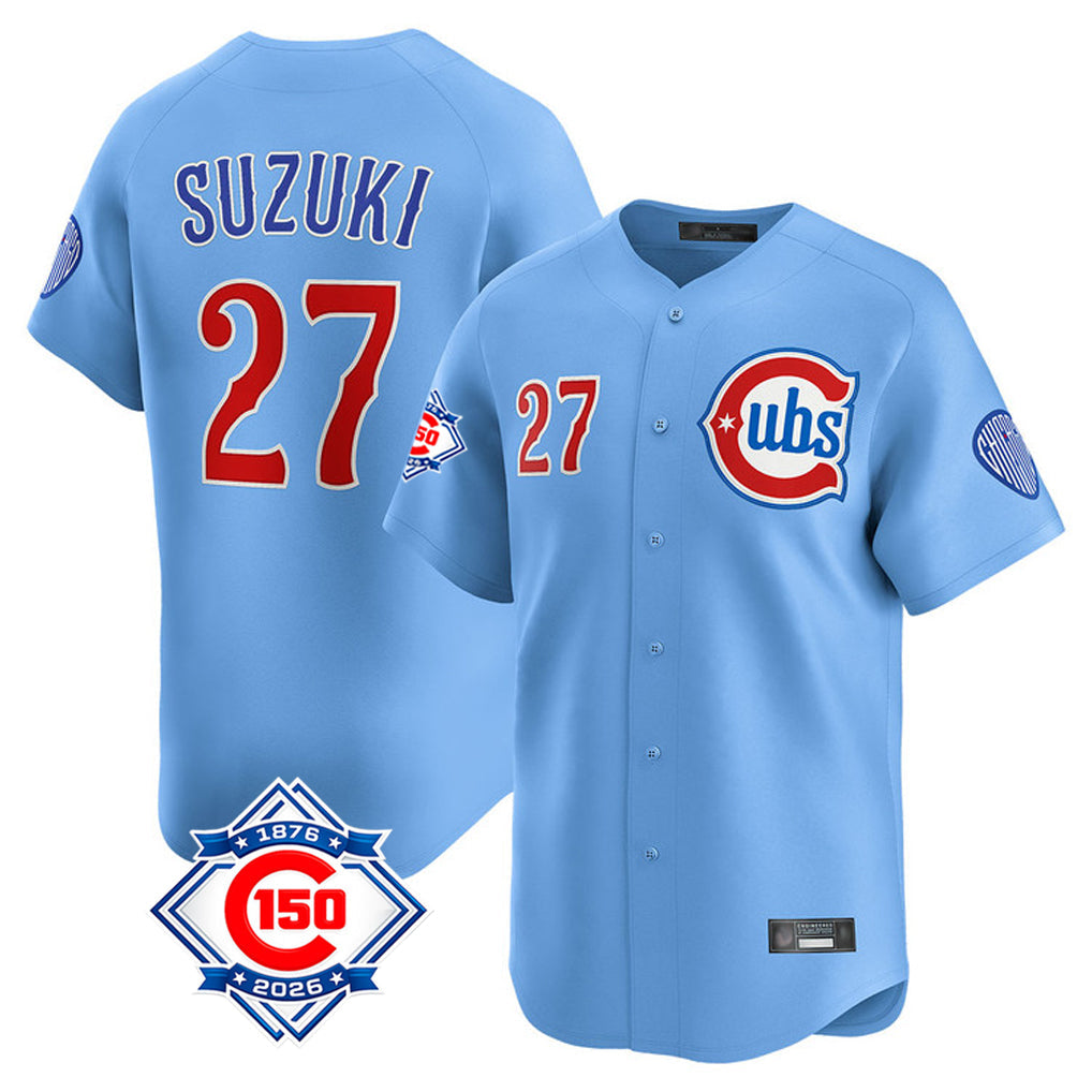 Pouc C.Cubs #27 Seiya Suzuki Player Light Blue 150th Anniversary Limited Home Stitched Jerseys