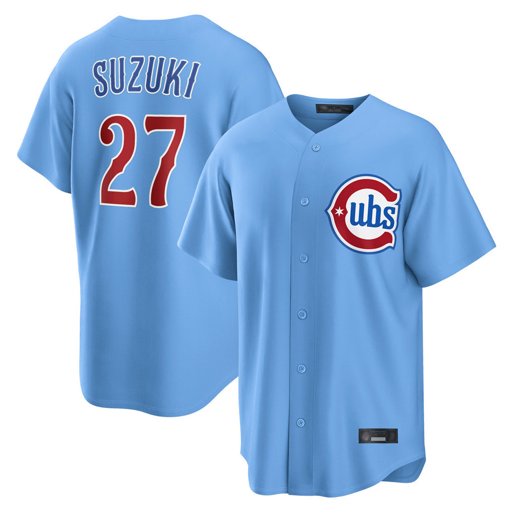 Pouc C.Cubs #27 Seiya Suzuki Player Light Blue Home Game Stitched Jerseys