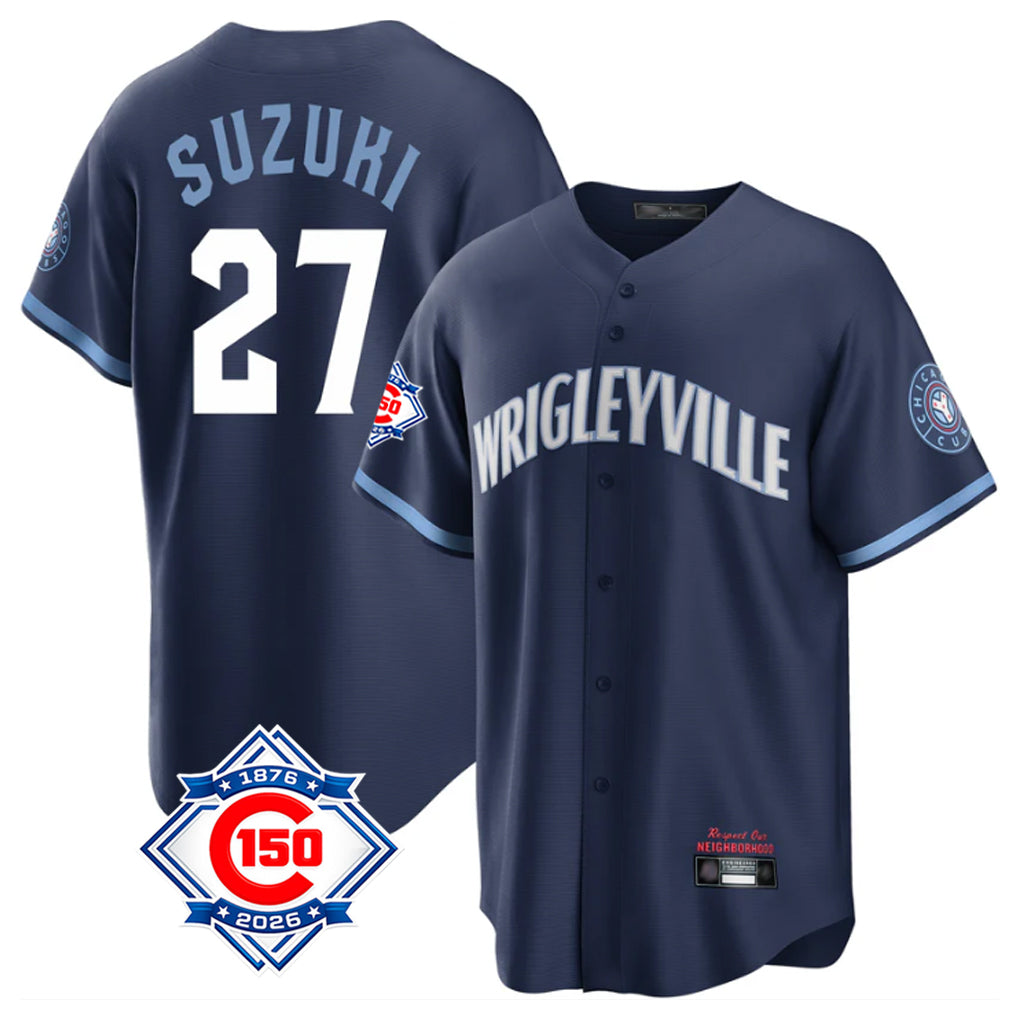 Pouc C.Cubs #27 Seiya Suzuki Player Navy 150th Anniversary City Connect Home Game Stitched Jerseys