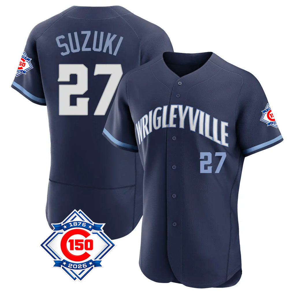 Pouc C.Cubs #27 Seiya Suzuki Player Navy City Connect 150th Anniversary Limited Elite Home Stitched Jerseys