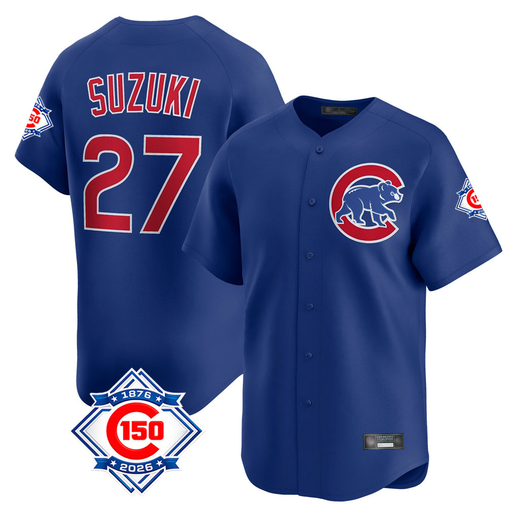 Pouc C.Cubs #27 Seiya Suzuki Player Royal 150th Anniversary Limited Home Stitched Jerseys