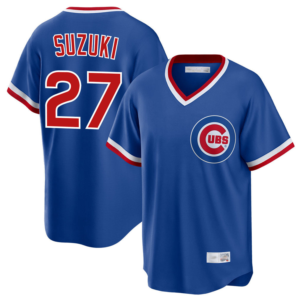 Pouc C.Cubs #27 Seiya Suzuki Player Royal T-shirt Cooperstown Collection Limited Stitched Jerseys