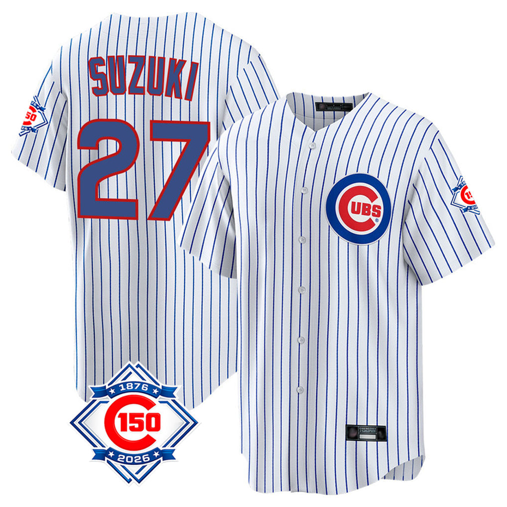Pouc C.Cubs #27 Seiya Suzuki Player White 150th Anniversary Home Game Stitched Jerseys