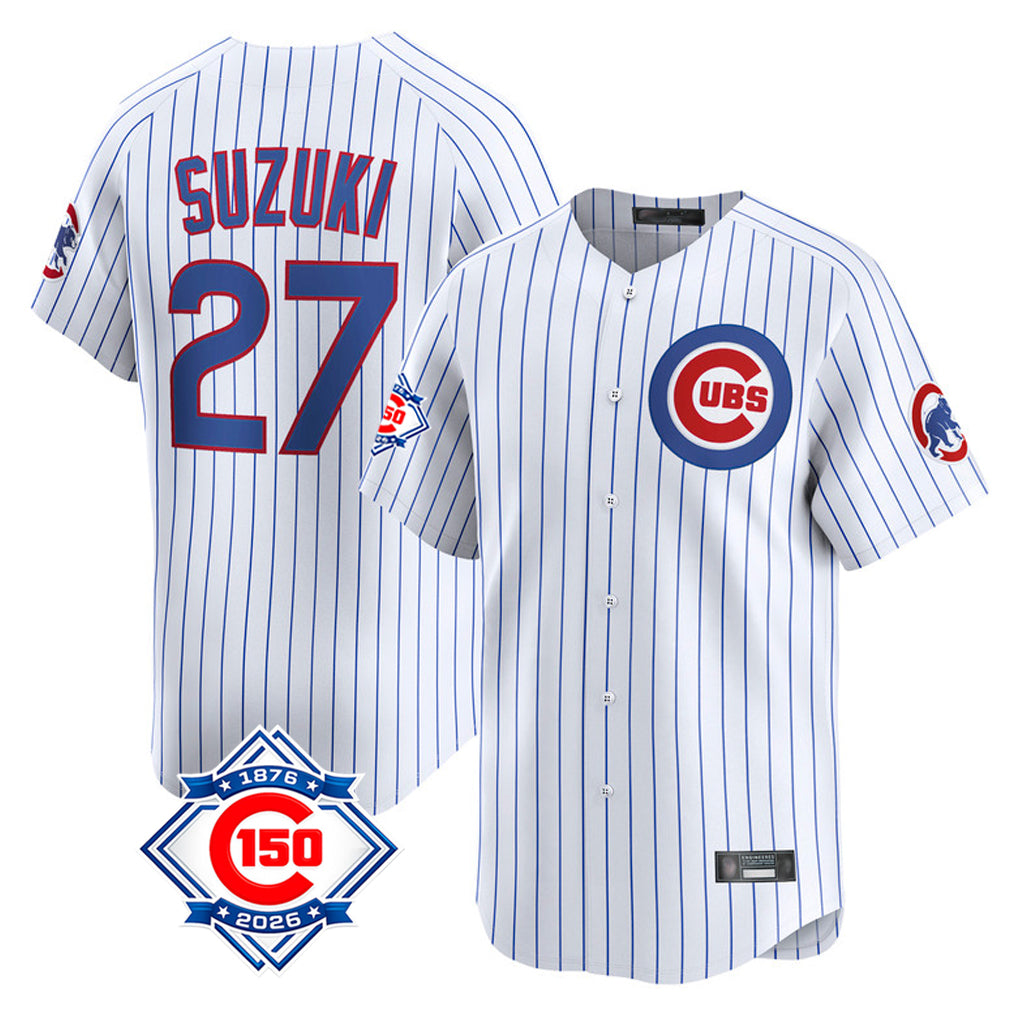 Pouc C.Cubs #27 Seiya Suzuki Player White 150th Anniversary Limited Home Game Stitched Jerseys