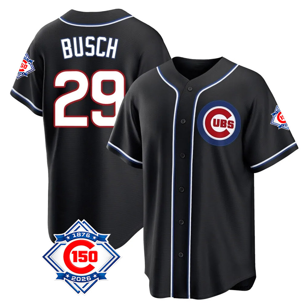 Pouc C.Cubs #29 Michael Busch Player Black Fashion Out 150th Anniversary Game Stitched Jerseys