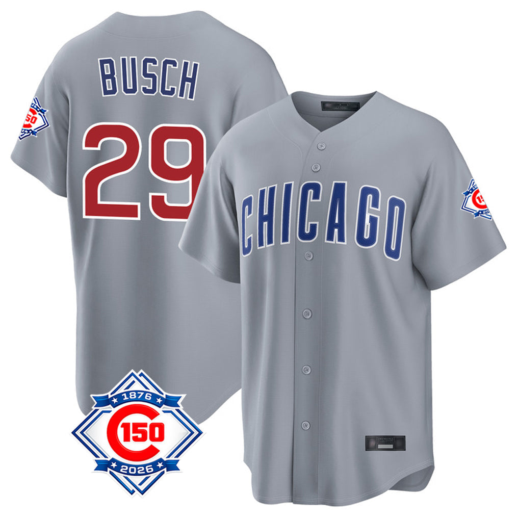 Pouc C.Cubs #29 Michael Busch Player Gray 150th Anniversary Home Game Stitched Jerseys