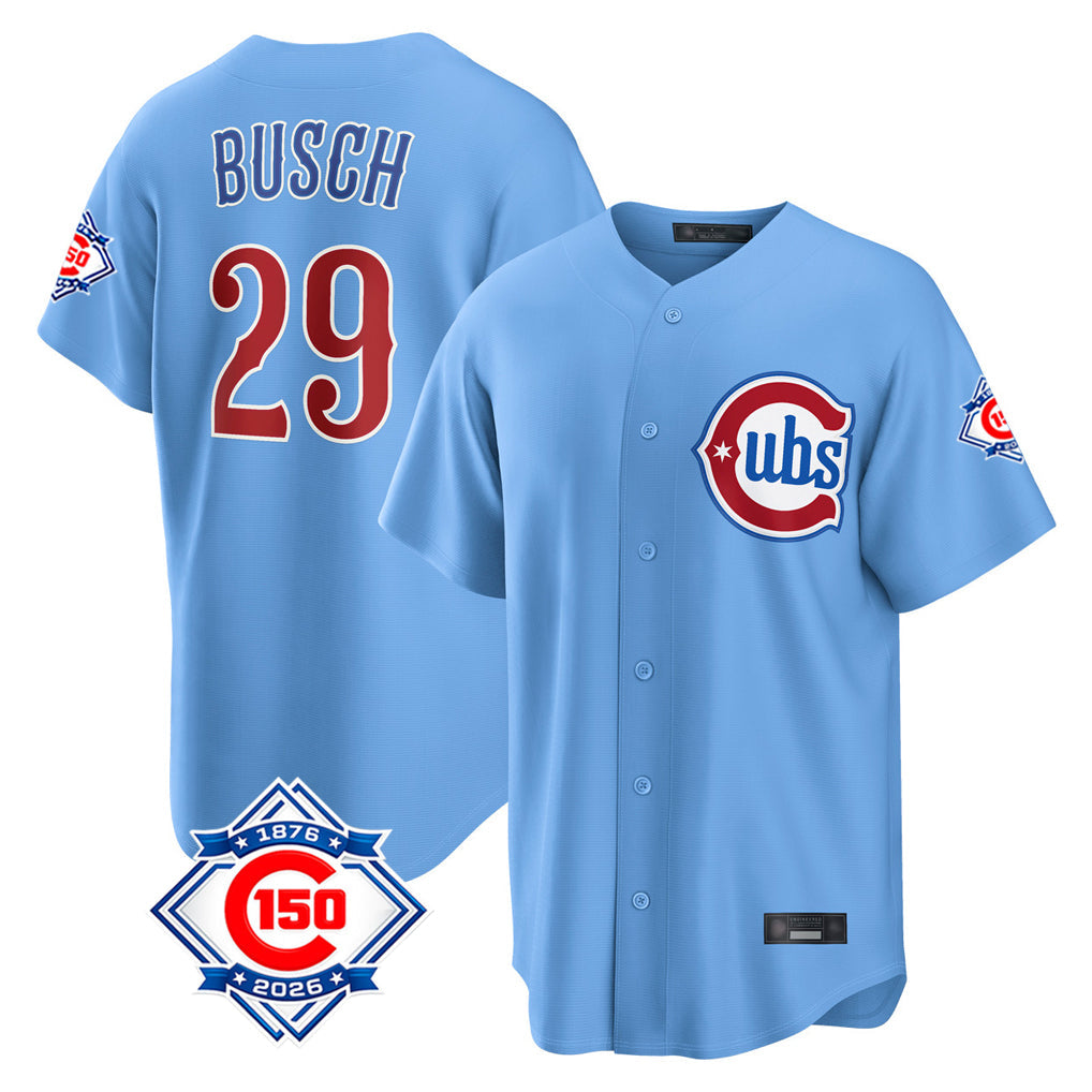Pouc C.Cubs #29 Michael Busch Player Light Blue 150th Anniversary Home Game Stitched Jerseys