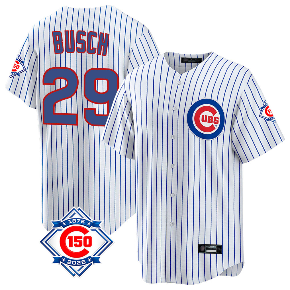 Pouc C.Cubs #29 Michael Busch Player White 150th Anniversary Home Game Stitched Jerseys