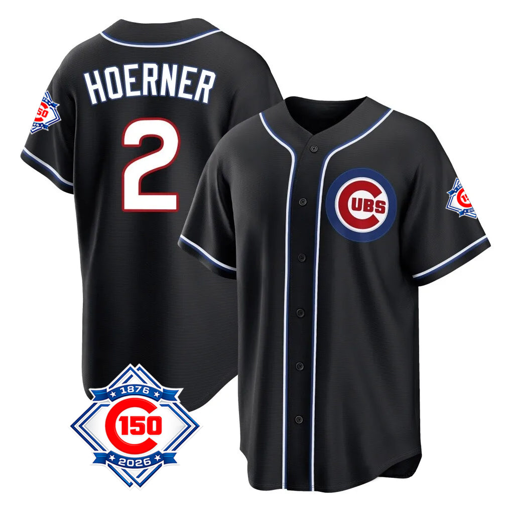 Pouc C.Cubs #2 Nico Hoerner Player Black Fashion Out 150th Anniversary Game Stitched Jerseys
