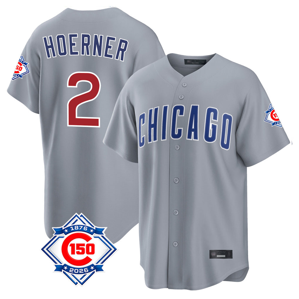 Pouc C.Cubs #2 Nico Hoerner Player Gray 150th Anniversary Home Game Stitched Jerseys